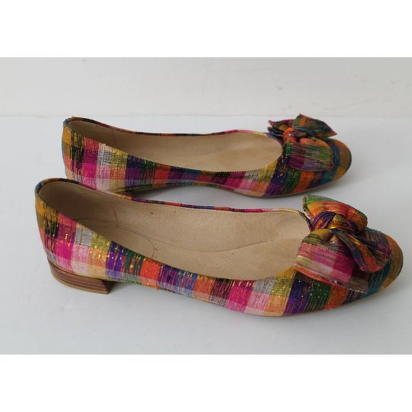 Stuart Weitzman Shoes - Stuart Weitzman Tinsel Silk Multicolour Plaid Ballet Bow Flats Size 8